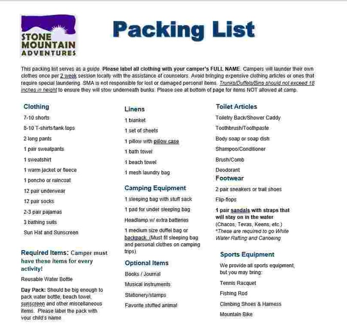 A picture of SMA packing list