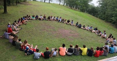 A drone photo of a large group of Teen Campers.