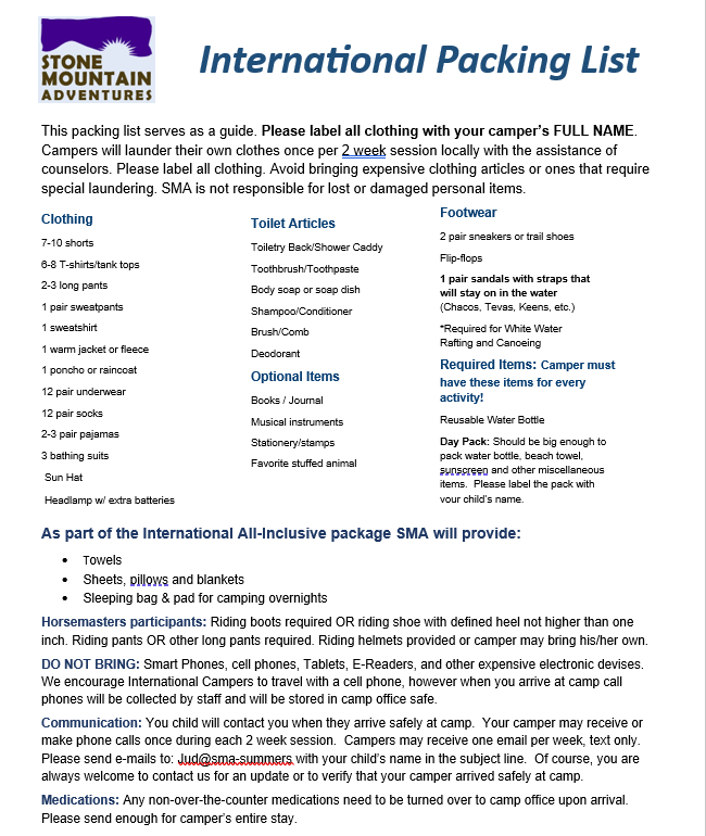 International packing list at SMA